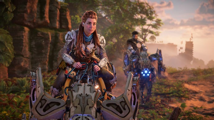 Aloy and Varl ride Charger mounts in Horizon Forbidden West.