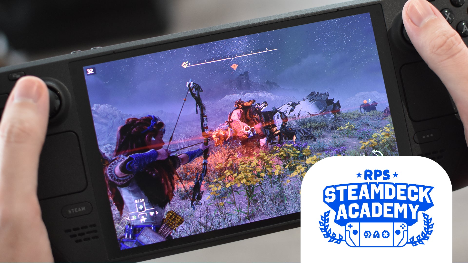 Horizon Forbidden West being played on a Steam Deck. The RPS Steam Deck Academy logo is added in the bottom-right corner. - 1