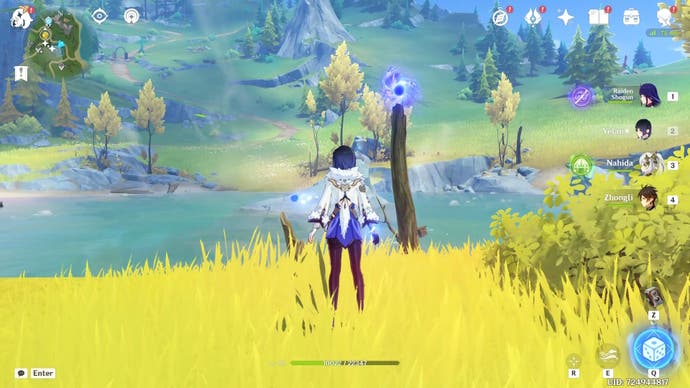 Yelan looking at a floating purple orb in a bright yellow grassy area.