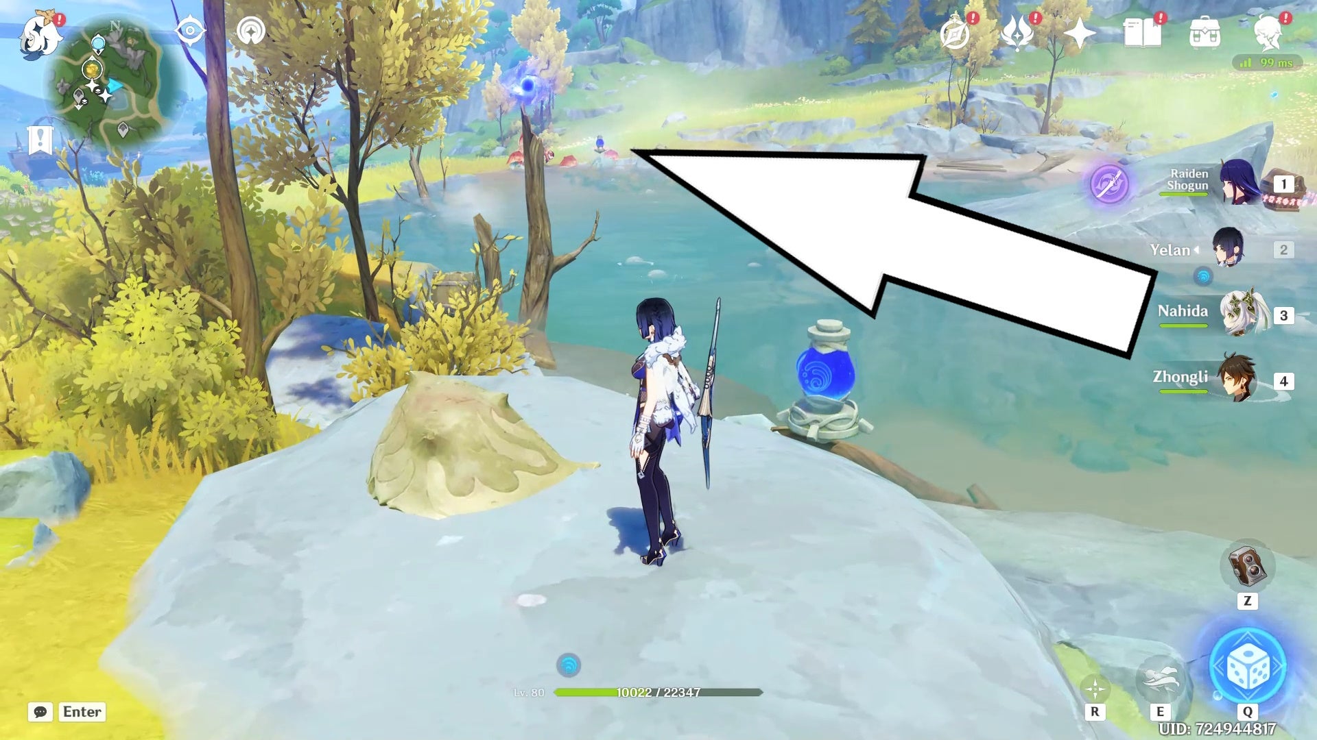 Yelan standing on a stone surgace in a yellow grassy area with an arrow pointing to crab enemies in the background.