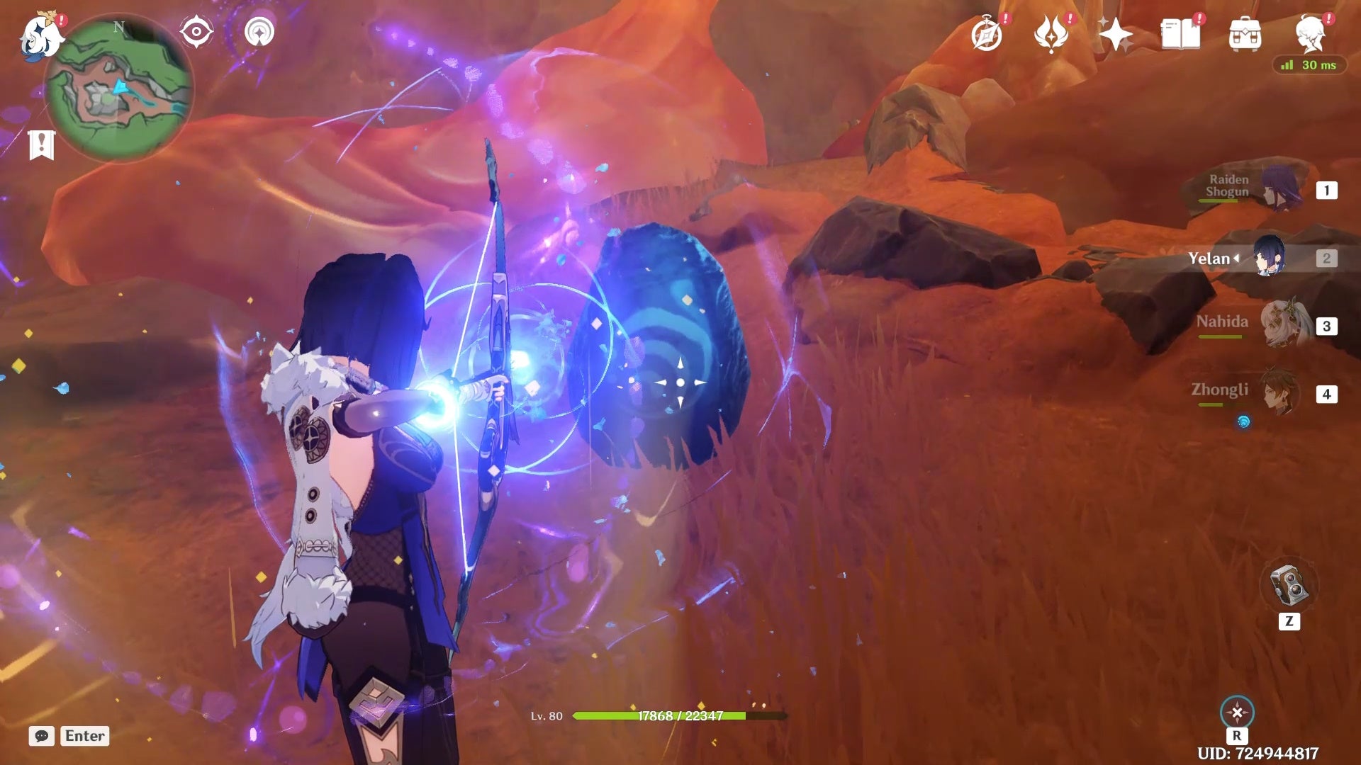 Yelan charging a bow shot at a small stone with the hydro symbol on it.