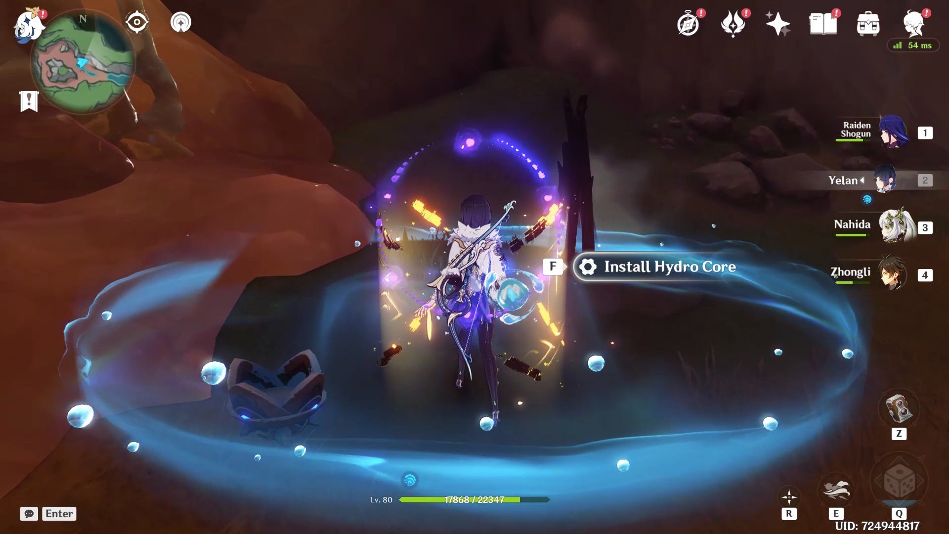 Yelan standing between a fire and totem with a blue circle around her.