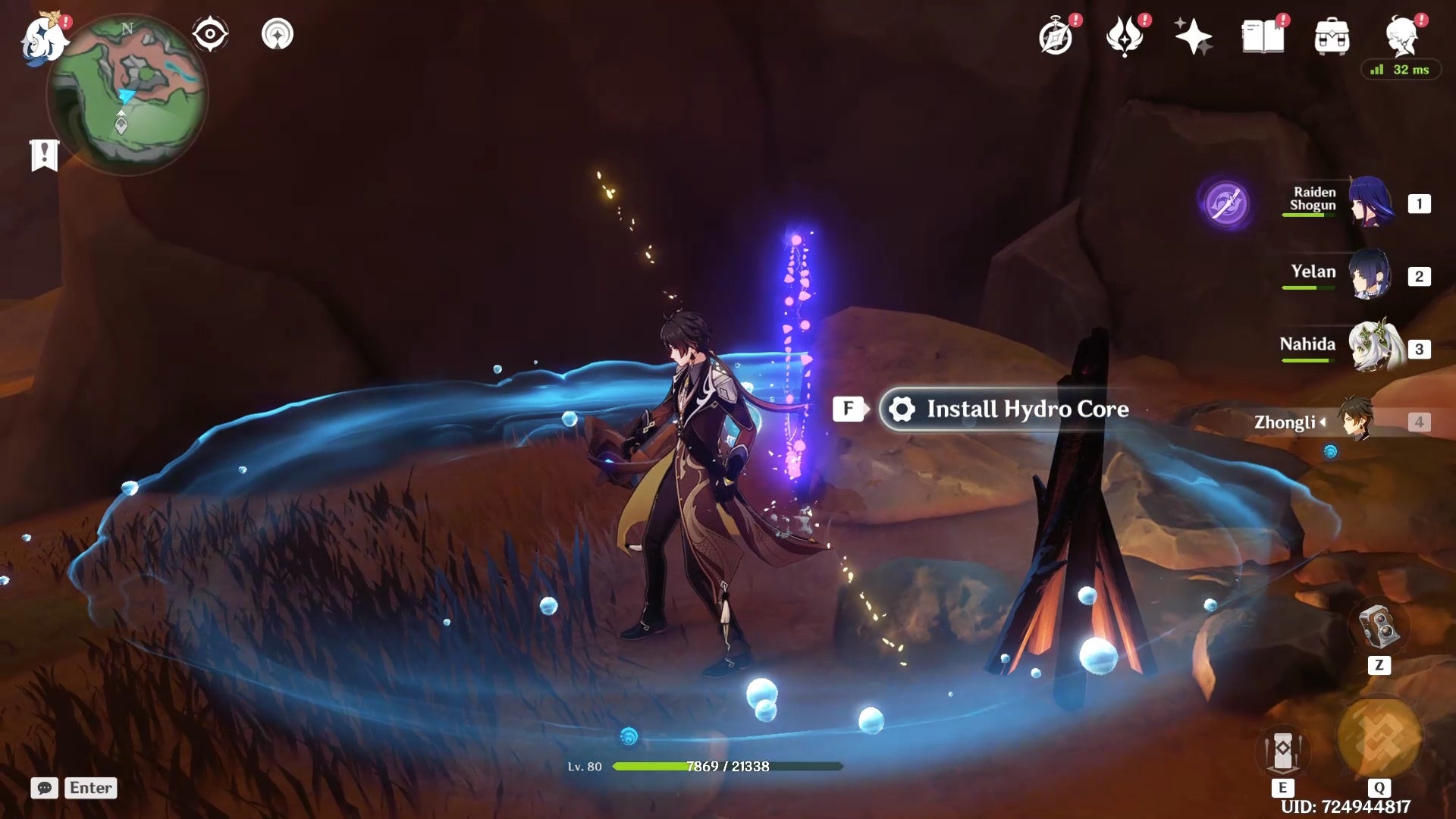 Zhongli standing between a fire and totem with a blue circle around her.