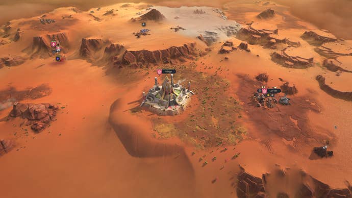 A screenshot from Shiro’s real-time 4X game Dune: Spice Wars, showing a settlement in the desert.