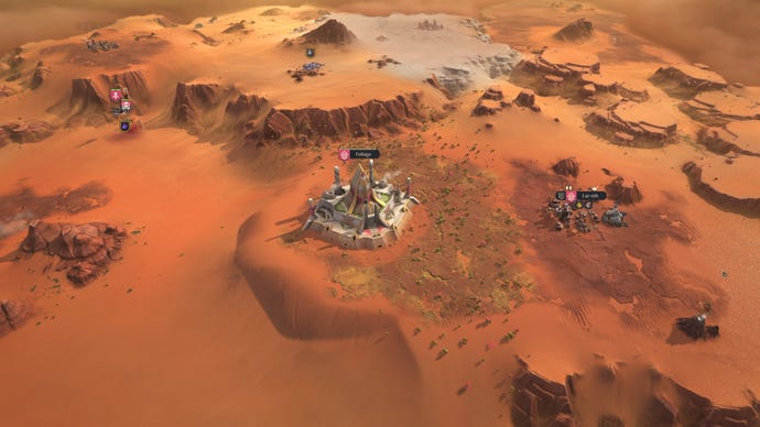 A screenshot from Shiro's real-time 4X game Dune: Spice Wars, showing a settlement in the desert.