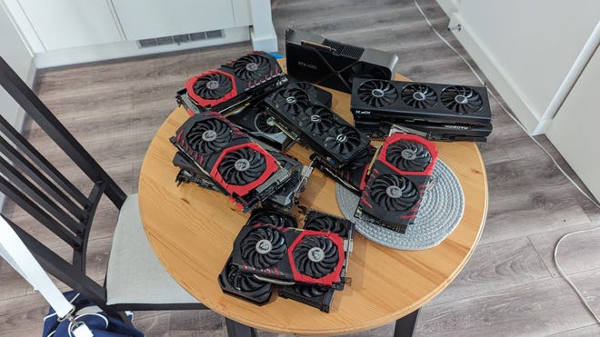 A table of GPUs, which will shortly become our house of graphics cards.
