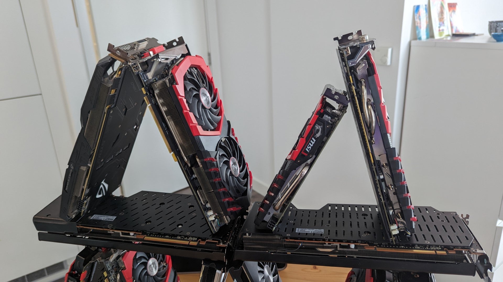 The middle tier of the house of graphics cards, including one pair of slightly mismatched cards. Ah well, it&rsquo;ll work.