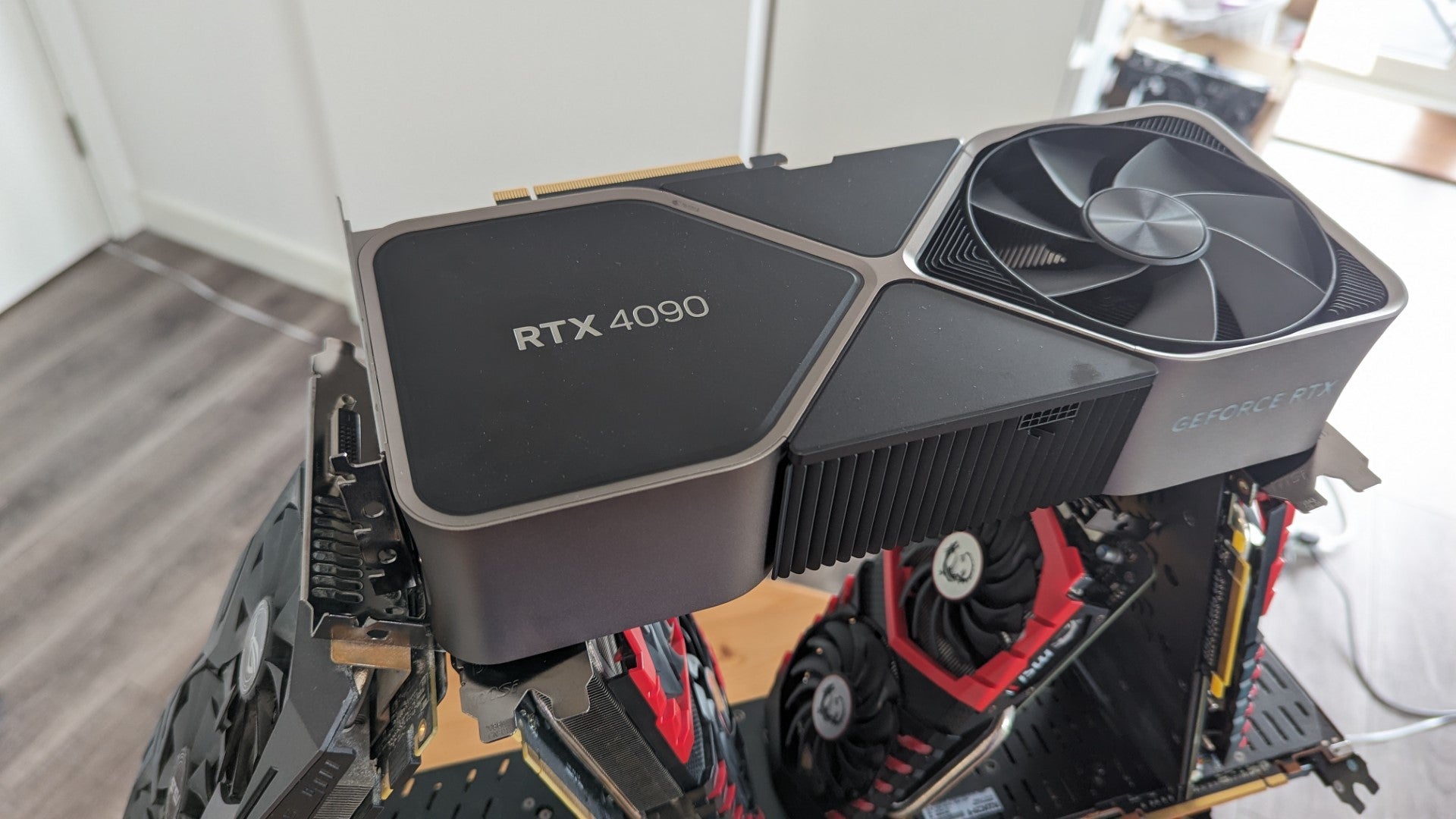 The final tier of the house of graphics cards takes shape, with an RTX 4090 forming the base.