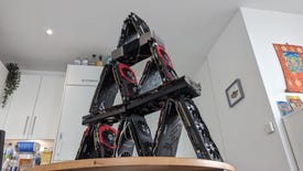 A three-tier house of graphics cards. Like a house of cards, but made with GPUs.