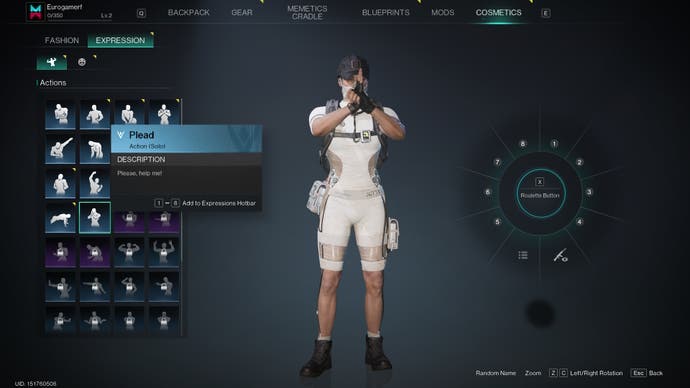 A character using the Plea emote in the Once Human cosmetic menu.