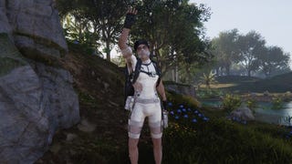 A male character waving at the screen in Once Human.