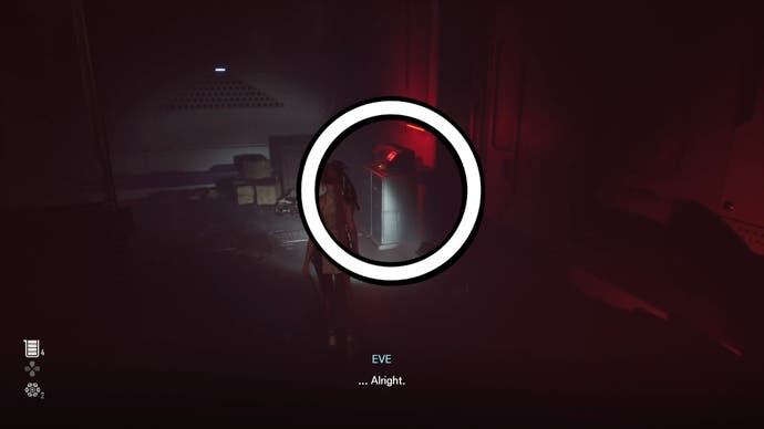 A circle showing a blinking red generator-like object in a very dark facility in Stellar Blade.
