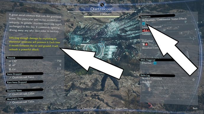 White arrows pointing to Quetzalcoatl's ice weakness and description in the Assess menu in Final Fantasy 7 Rebirth.