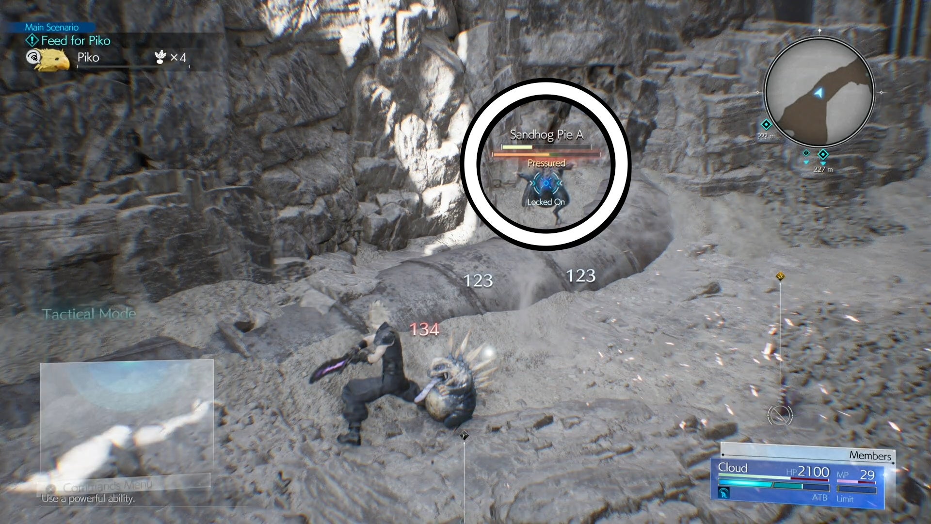 A white circle highlighting a Pressured enemy in Final Fantasy 7 Rebirth.