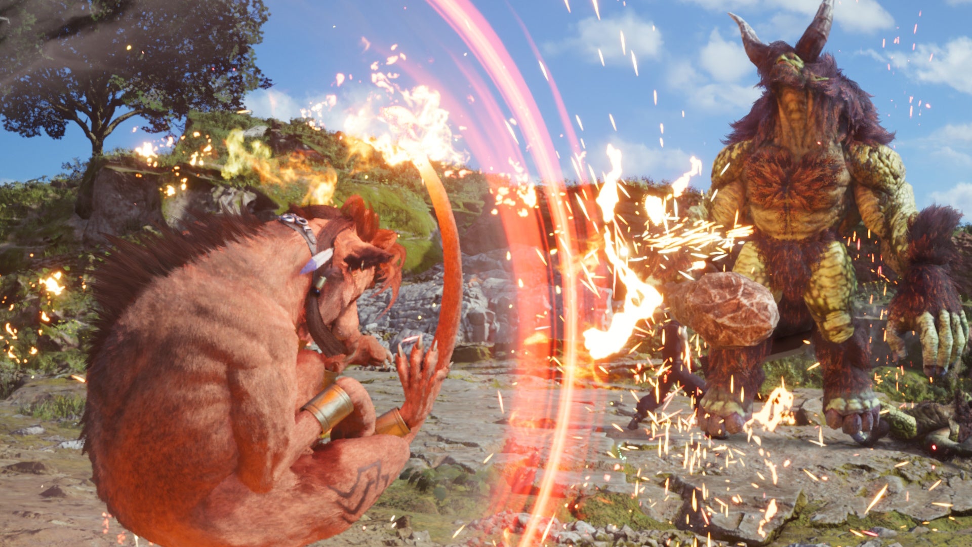 Cropped view of Red XIII using his Sidewinder ability on a large enemy in Final Fantasy 7 Rebirth.