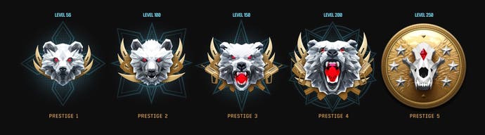 five prestige rank emblems on a black background, with each emblem showing a bigger more agressive white wolf, but the last is a wolf skull with a crown on a gold coin