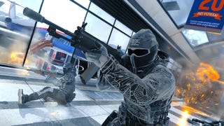 a person in a ski mask holding a rifle up to aim while running through an airport walkway with explosions behind them