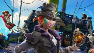 A female pirate holding a round, amber object on a ship with other pirates behind in for the Season 12 promotional image for Sea of Thieves.