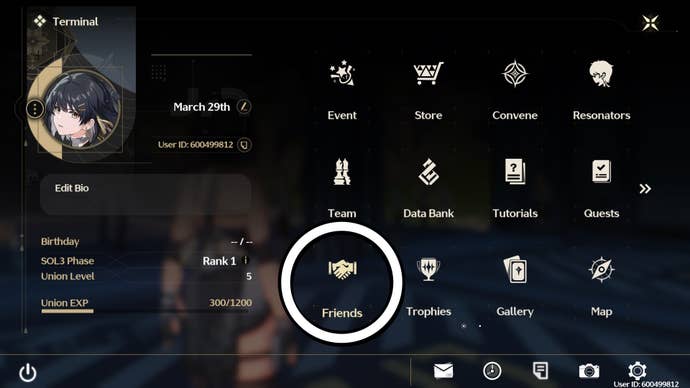 The ‘Friends’ option on the pause menu circled in Wuthering Waves.