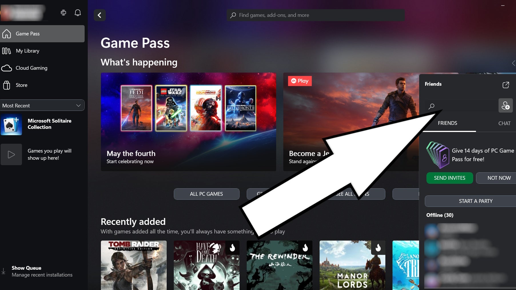 An arrow pointing to the friends search bar on the Xbox app.