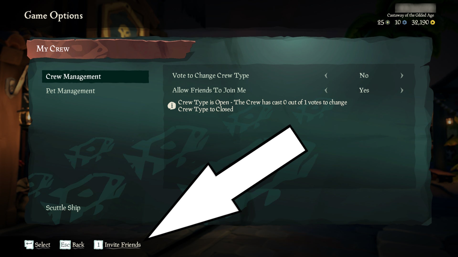 An arrow pointing to the &lsquo;invite friends&rsquo; option in Sea of Thieves while on the My Crew menu.