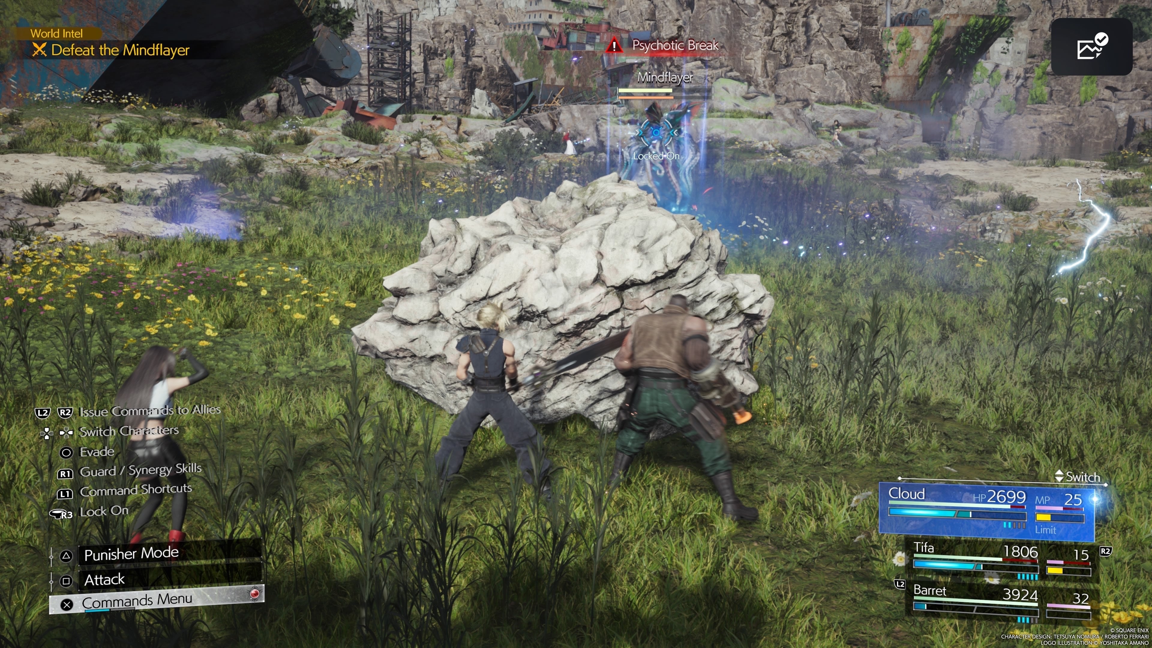 Cloud, Tifa, and Barret hiding behind a boulder from the Mindflayer&rsquo;s Psychotic Break attack in Final Fantasy 7 Rebirth.