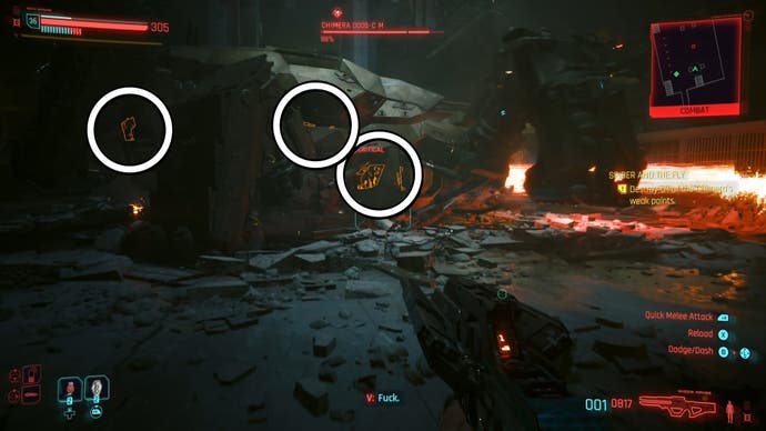 chimera robot using a red laser with its weak points circled