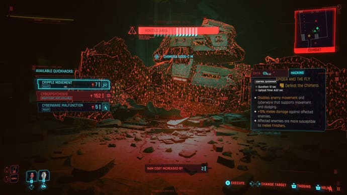 first person view of the quickhack menu with the chimera boss highlighted