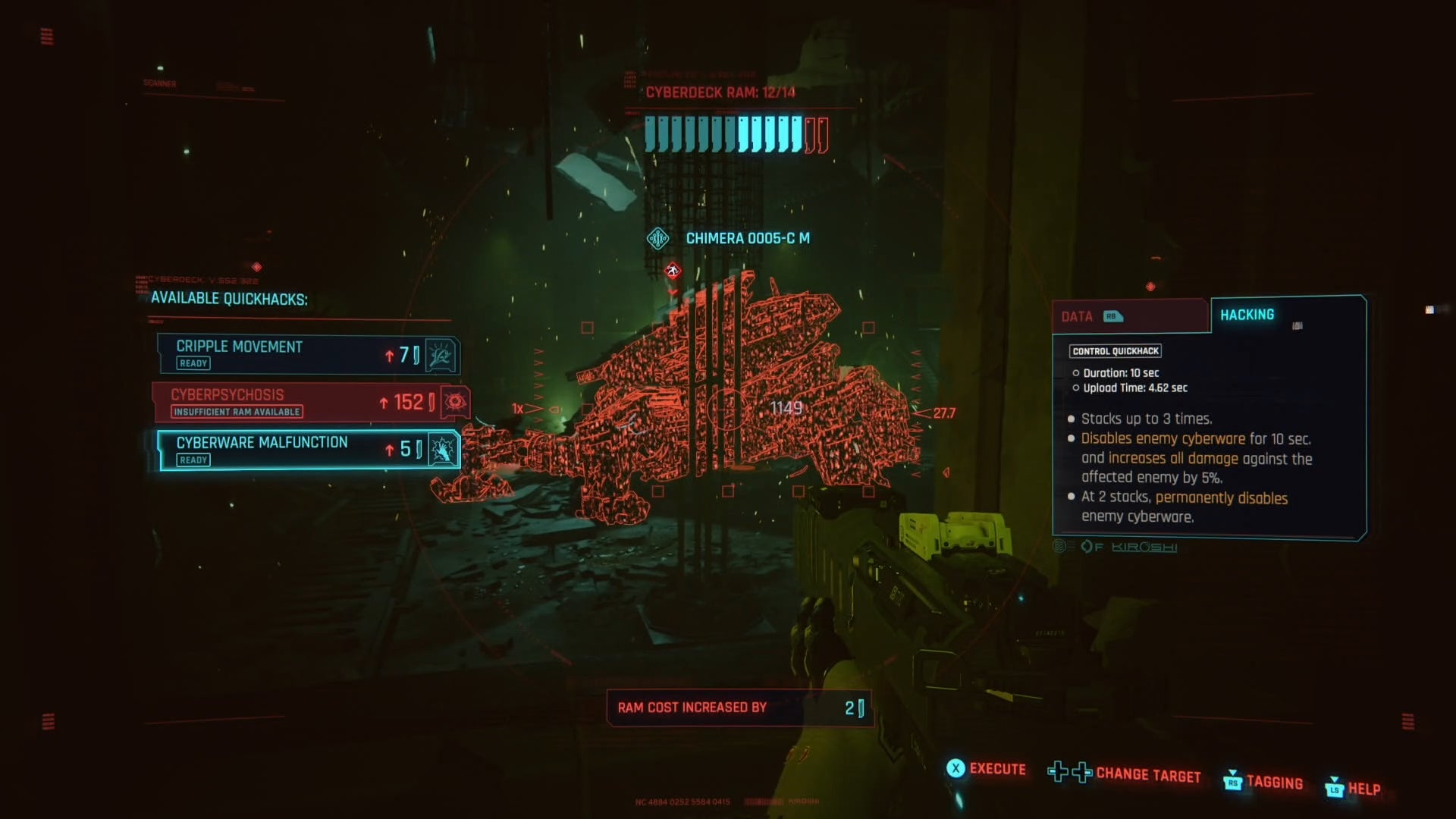 first person view of the quickhack menu with the chimera boss highlighted