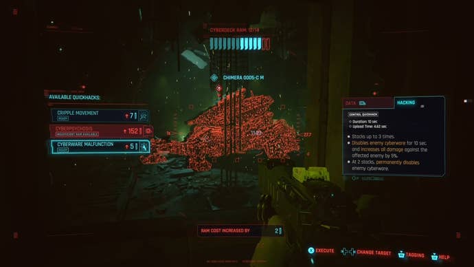 first person view of the quickhack menu with the chimera boss highlighted