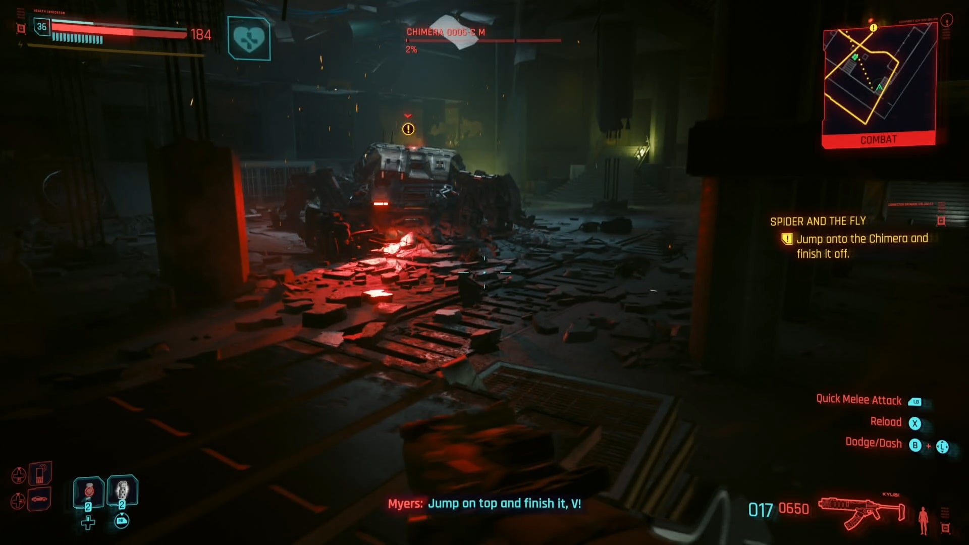 first person view of a downed chimera with myers dialog at the bottom telling v to jump on it