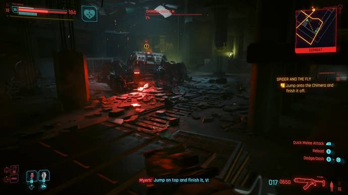 first person view of a downed chimera with myers dialog at the bottom telling v to jump on it