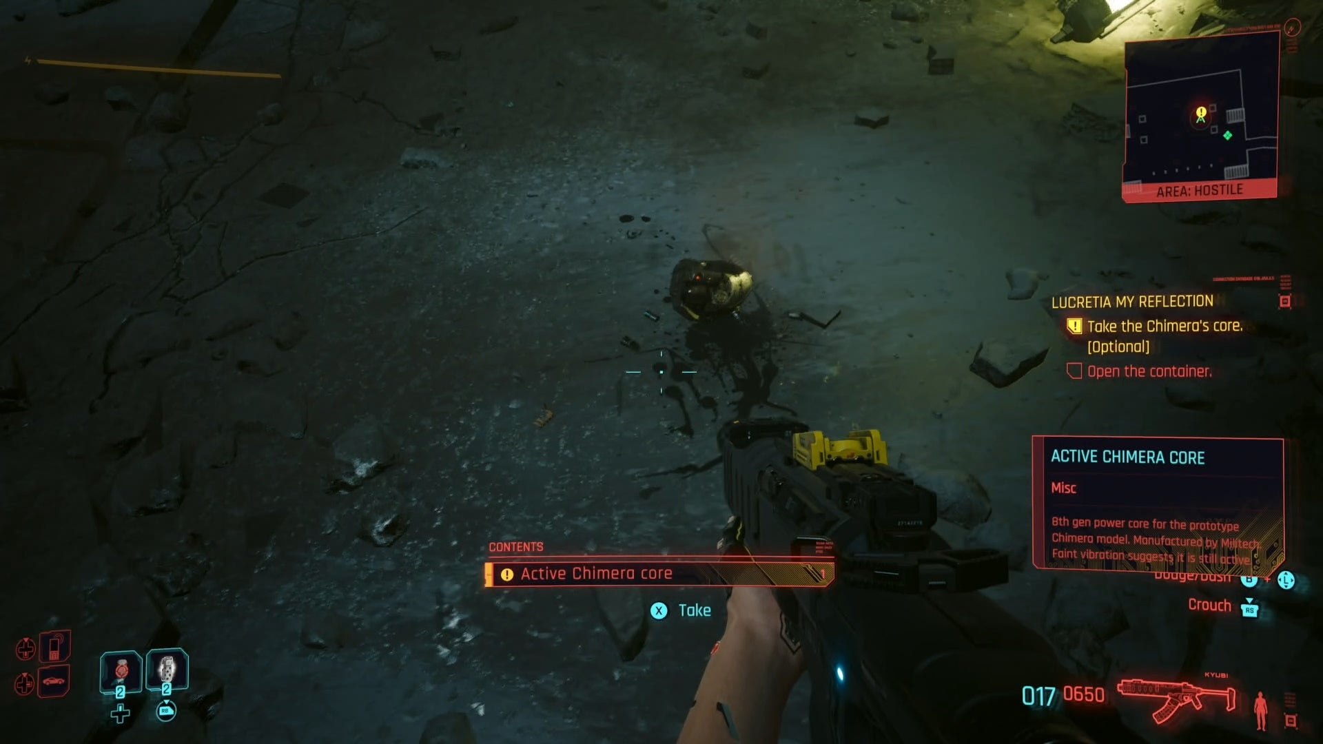 first person view of looking at the chimera core item on the floor