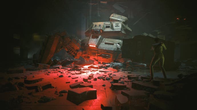 the chimera boss in rubble with a red glow beneath it and president myers pointing a gun at it