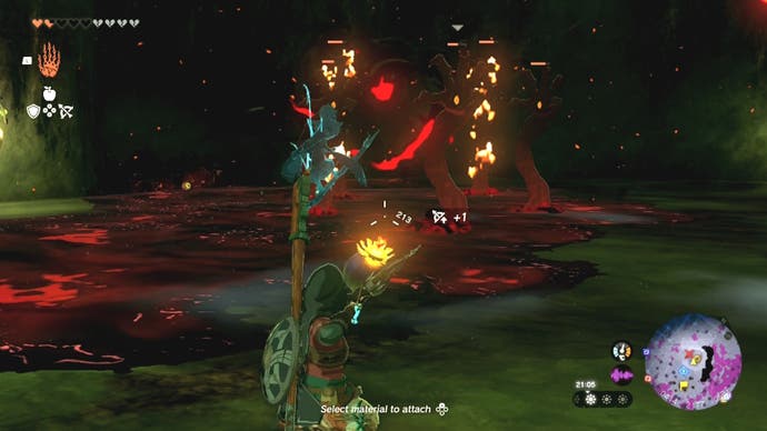 Link using his bow and arrow to fire a bomb at a group of Gloom Hands enemies.
