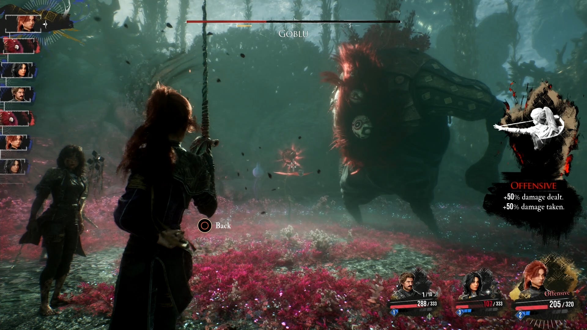 Maelle targeting Goblu&rsquo;s flowers in front of Goblu in Clair Obscur Expedition 33.