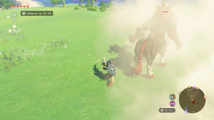 Link using Puffshrooms in a fight with a Lynel in The Legend of Zelda: Tears of the Kingdom.