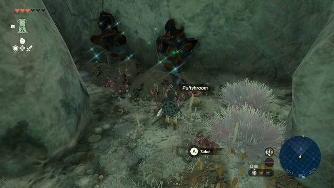 Link approaching a Puffshroom in the Depths in The Legend of Zelda: Tears of the Kingdom.
