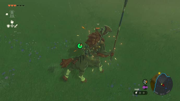 Link attacking with a melee weapon while mounted on a Lynel’s back in The Legend of Zelda: Tears of the Kingdom.