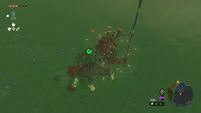 Link attacking with a melee weapon while mounted on a Lynel's back in The Legend of Zelda: Tears of the Kingdom.