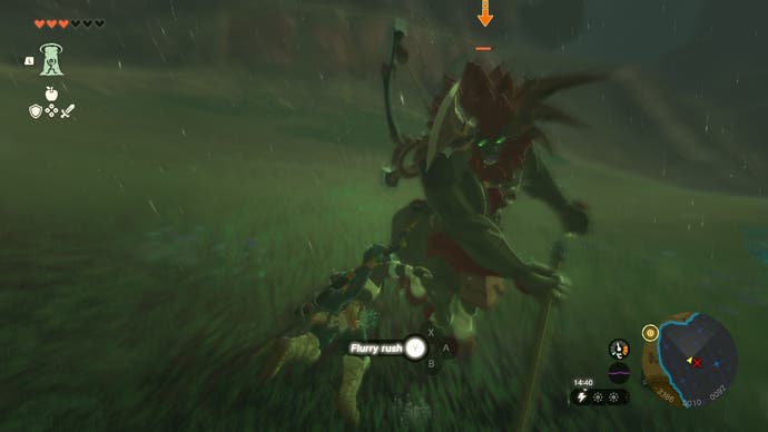 Link using Flurry Rush to attack a Lynel in The Legend of Zelda: Tears of the Kingdom.