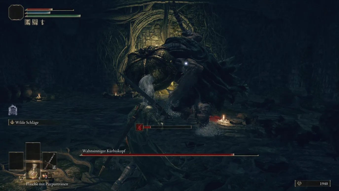 Fighting the Mad Pumpkin Head boss in the Waypoint Ruins in Elden Ring.