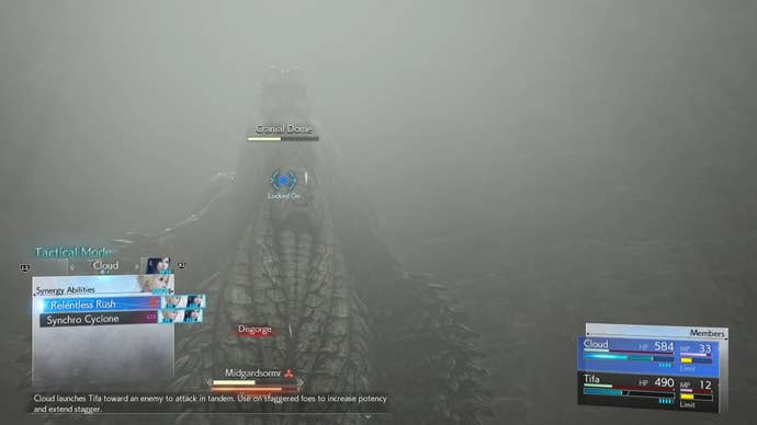 On the menu to use Cloud and Tifa’s Synergy Ability on Midgardsormr in Final Fantasy 7 Rebirth.