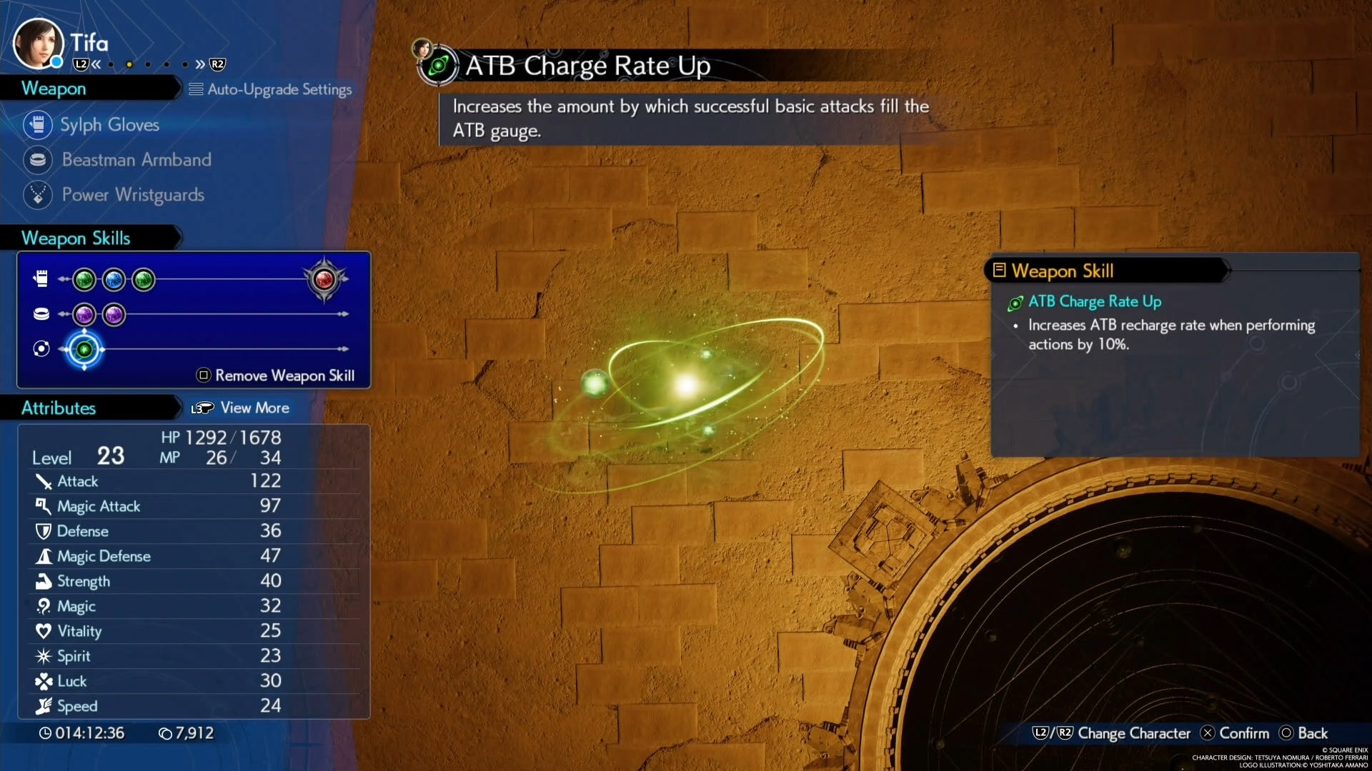 Tifa&rsquo;s Weapon Skill Material equipped in the menu of Final Fantasy 7 Rebirth.