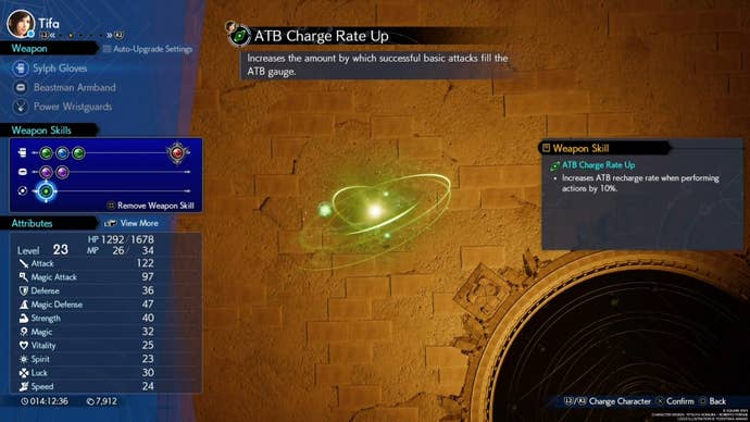 Tifa’s Weapon Skill Material equipped in the menu of Final Fantasy 7 Rebirth.