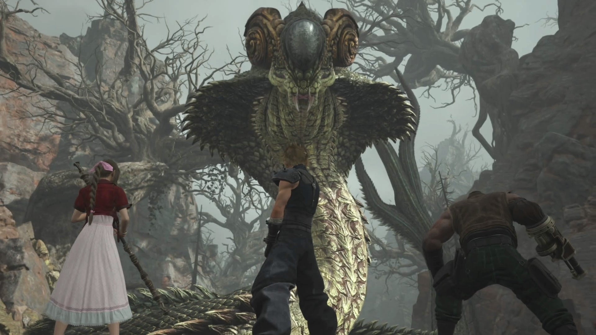 Aerith, Cloud and Barret looking up at Midgardsormr boss in the swamps of the Grasslands in Final Fantasy 7 Rebirth.