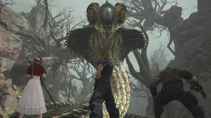 Aerith, Cloud and Barret looking up at Midgardsormr boss in the swamps of the Grasslands in Final Fantasy 7 Rebirth.