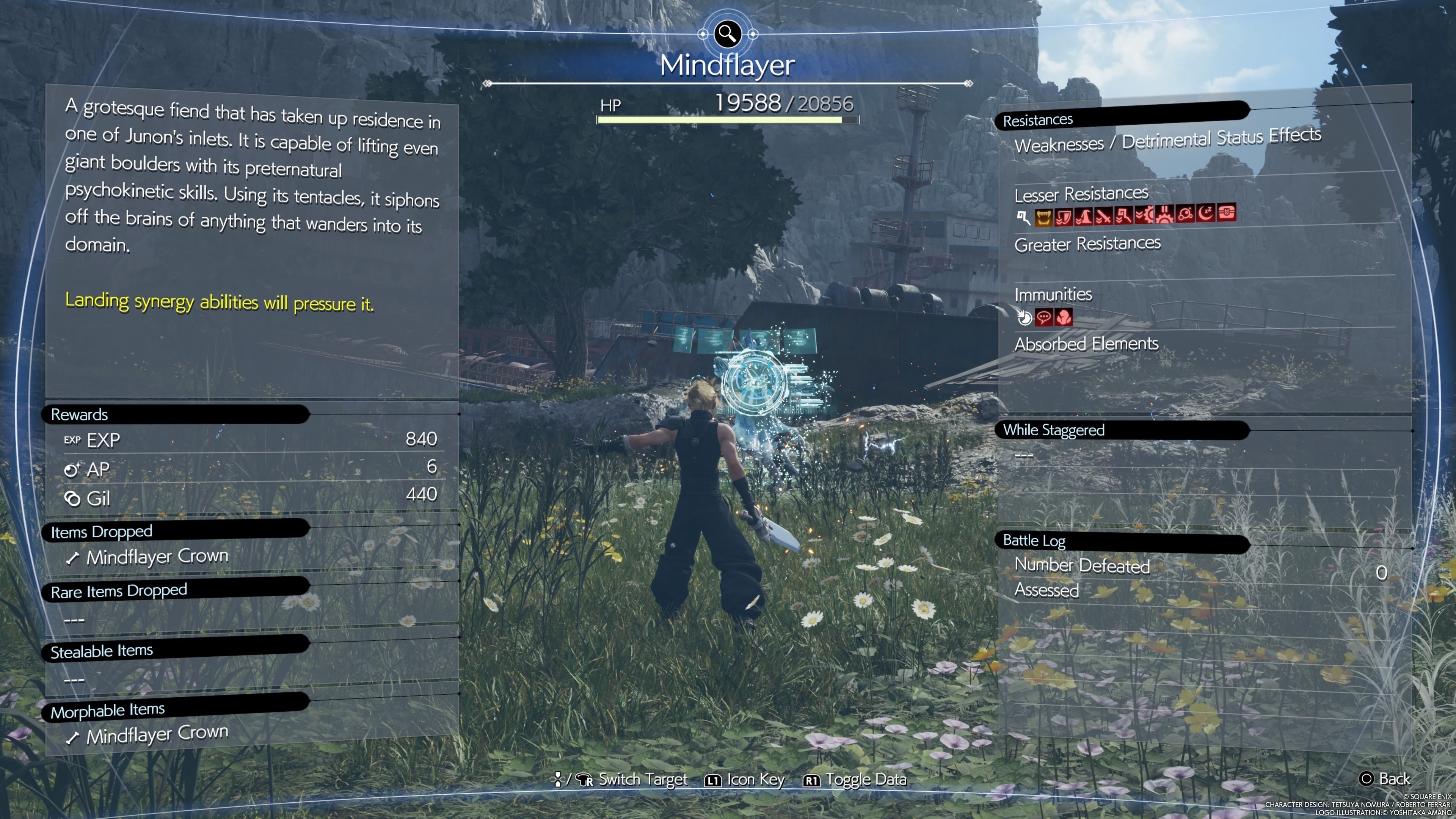 The Assess menu for the Mindflayer boss in Final Fantasy 7 Rebirth showing that it is weak against Synergy Abilties and has a lot of resistances.