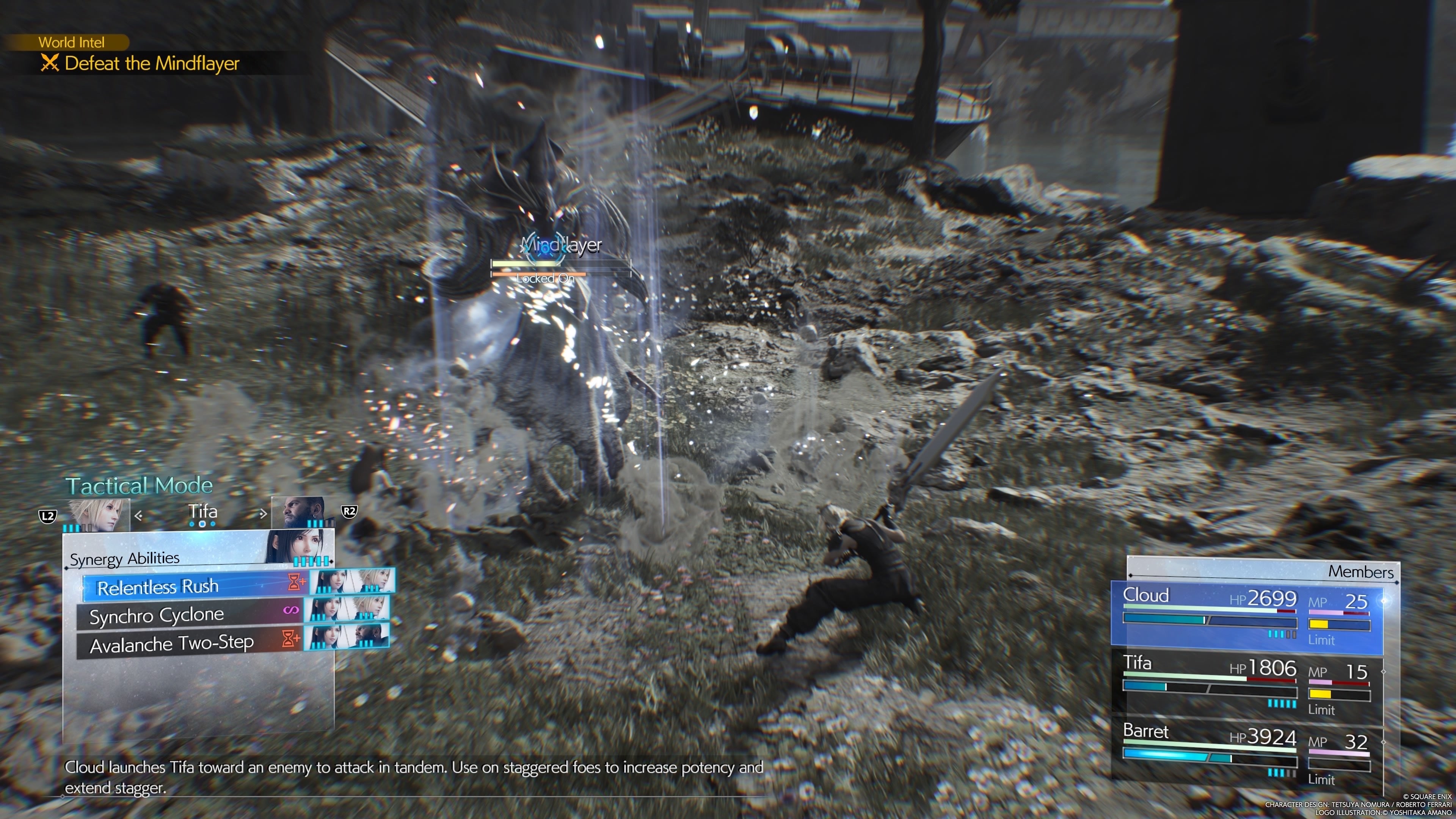 Time paused with the Synergy Ability menu up during the Mindflayer boss fight in Final Fantasy 7 Rebirth.