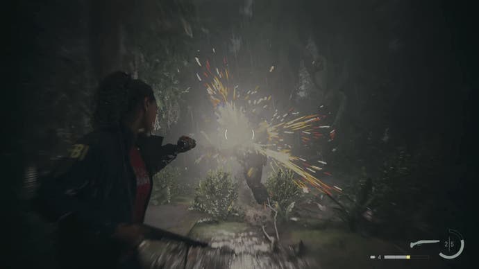 saga aiming a flashlight at nightingale in the woods, which causes sparks and a very bright light to form on nightingale